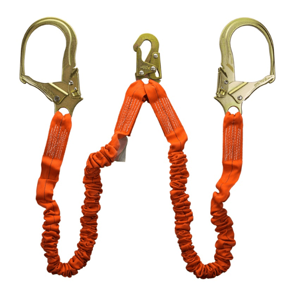 Guardian Fall Protection - GUA-01298 - Orange Double Leg Internal Shock Absorbing Lanyard, w/ Rebar and Snap Hook